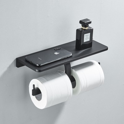 matte black metal toilet paper holder with mobile phone shelf